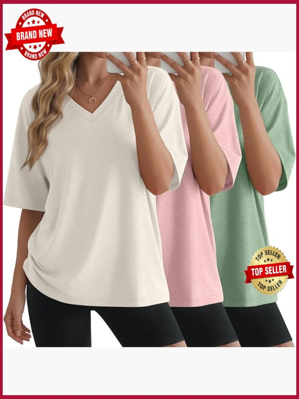 3 Pack Womens Oversized Half Sleeve V Neck Tees Loose Fit T-Shirts Summer Casual